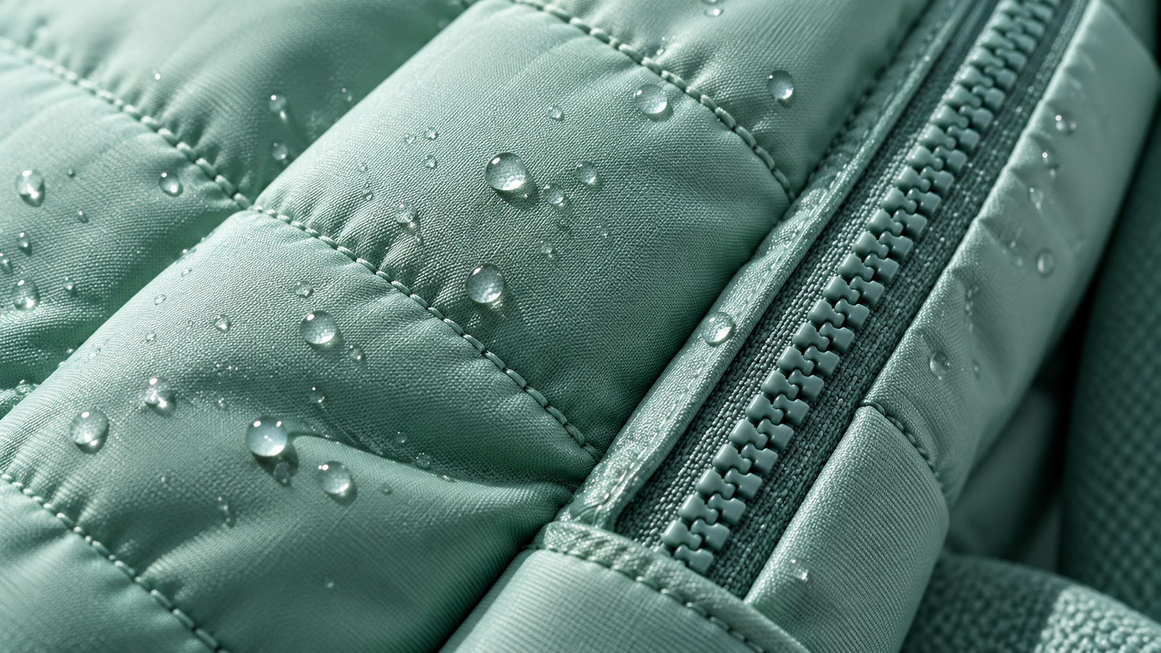 Detalle de tejido acolchado aqua con cierre y gotas leves