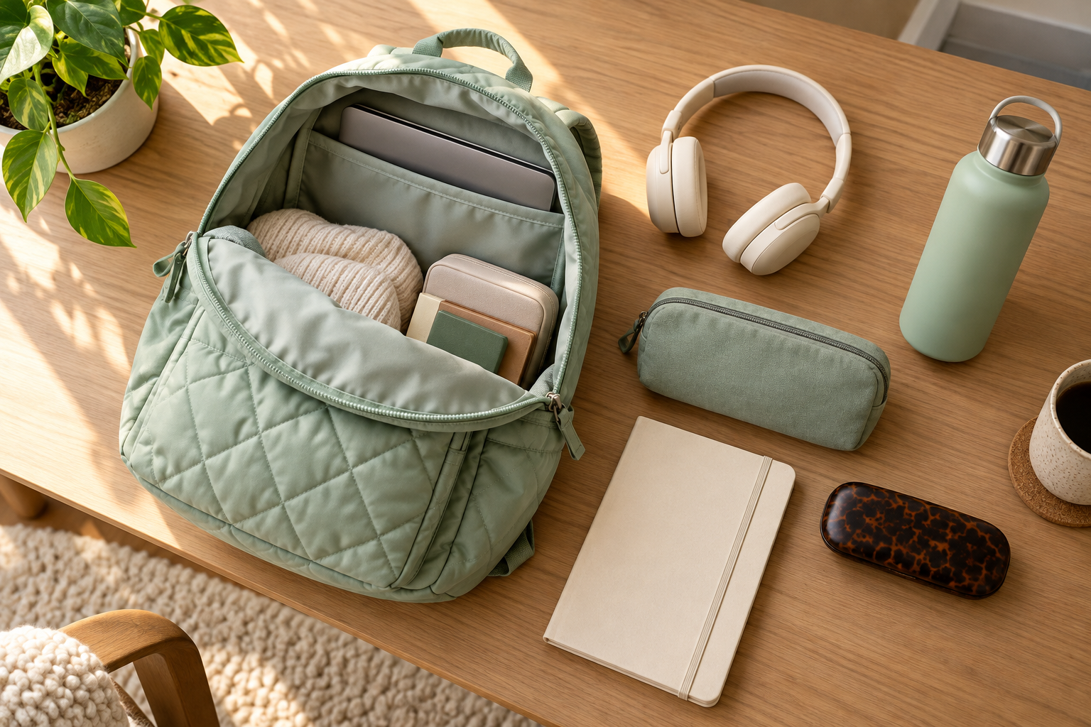 Mochila acolchada abierta con objetos cotidianos ordenados